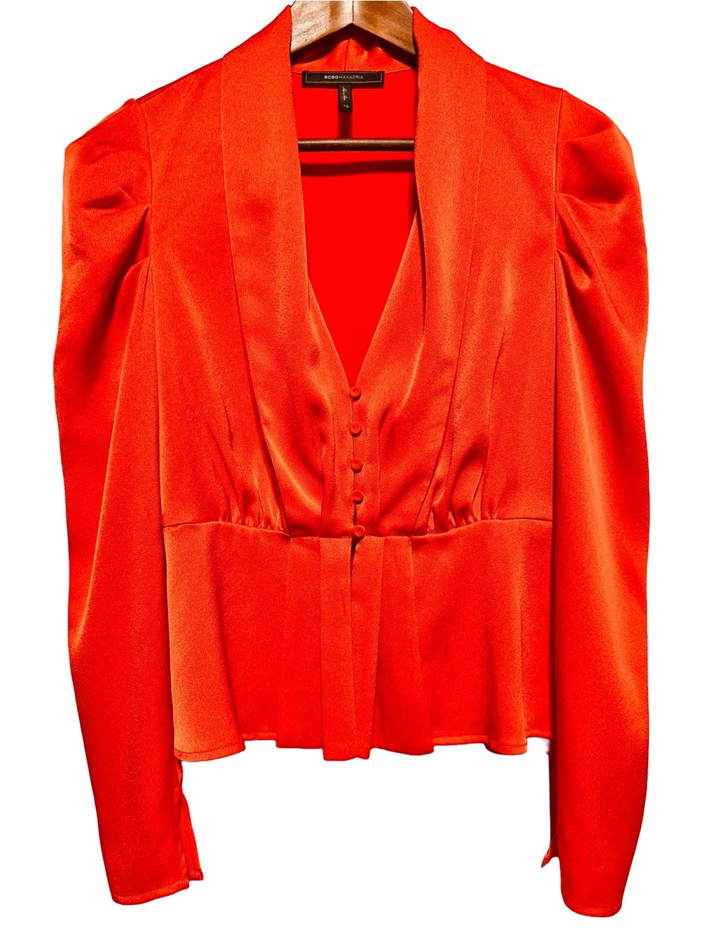 BCBGMAXAZRIA Satin Puff Sleeve Peplum Blouse Romantic Party Top XS